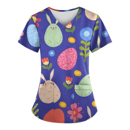 

Women Scrubs Tops Casual Easter Day Printed Short Sleeve V Neck Holiday Fun Patterned Working Tshirts Blouse Tops With Pockets Comfortable Nursing Uniform