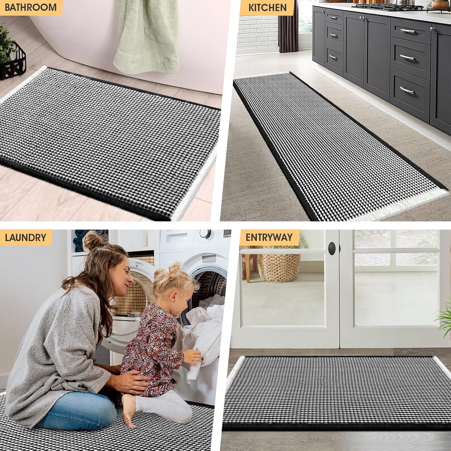 Extra Large Waffle Bath Mat Black & Cream 6'x2'(72" x 24"), Boho Woven Modern Bath Mat Rugs, Absorbent Non Slip Bathroom Rugs, Soft Washable Bath Rugs with Tassels for Bathroom