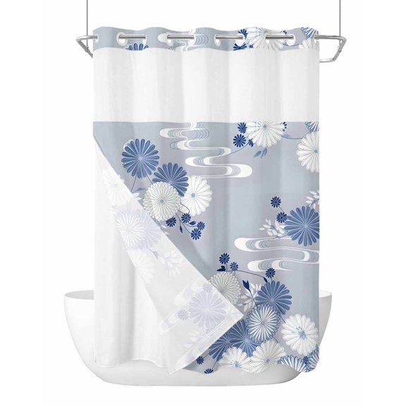 No Hook Shower Curtain with Snap-in Liner, Blue White Floral Waterproof Fabric Bathroom Curtains, Spring Botanical Leaves Farmhouse Bath Curtains & Mesh Top Window 72"x84" Long