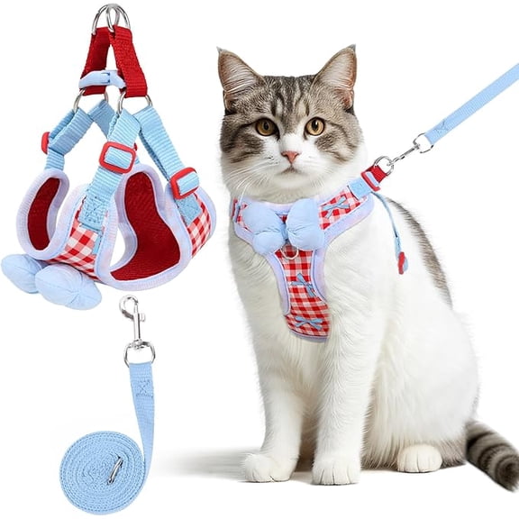 Cat Vest Harness and Leash Set for Walking Escape Proof, Adjustable Kitten Harness and Leash Set Breathable Mesh with Bow Harness for Kitty Puppy Bunny(Red Plaid, L)