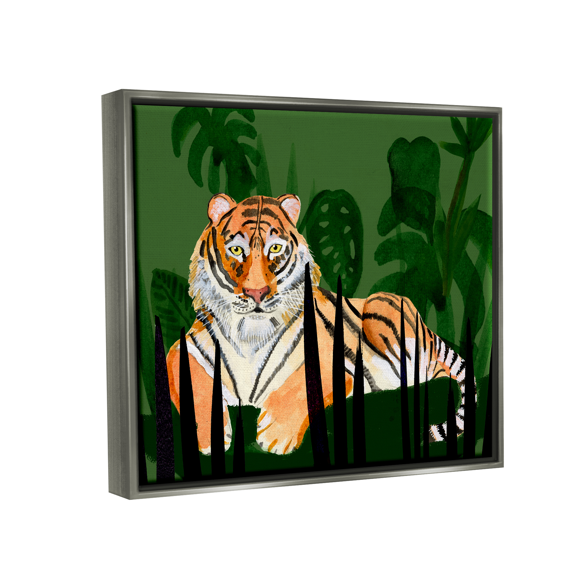 Stupell Tiger Tropical Plants Nature Animals & Insects Painting Gray Floater Framed Art Print Wall Art