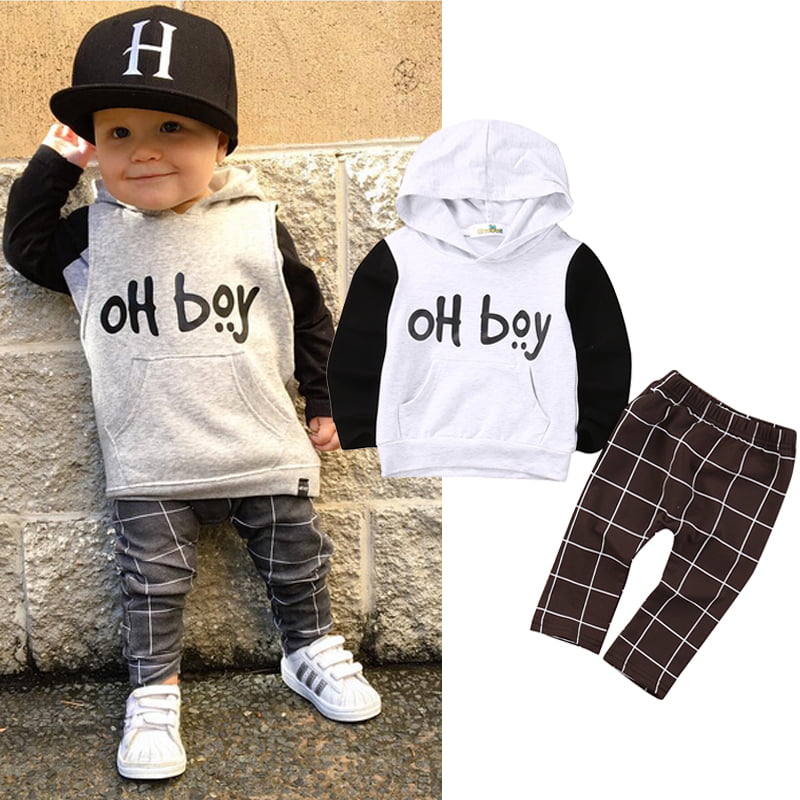 Infant Baby Boy Outfit Clothes Clothing Toddler Kids Boy Plaids Hoodie+Trousers 