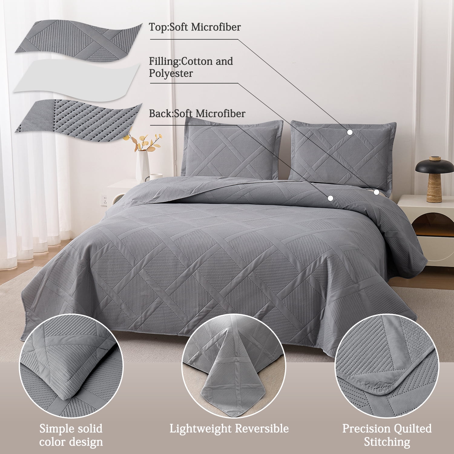 Jessy Home Queen/Full Size Quilts Dark Gray Lightweight Geometric Microfiber Bedspread Coverlet Set