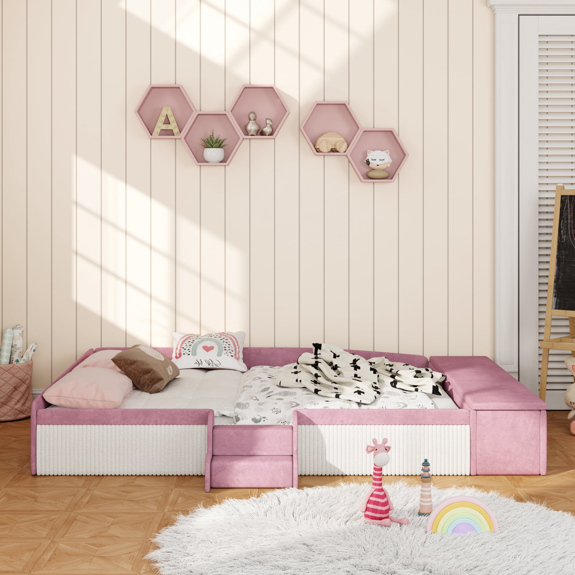 Leumius Queen Size Floor Bed Frame with Stairs & Gas Lift Storage Ottoman, Velvet Upholstered Daybed with Padded Guardrails, Pink+White