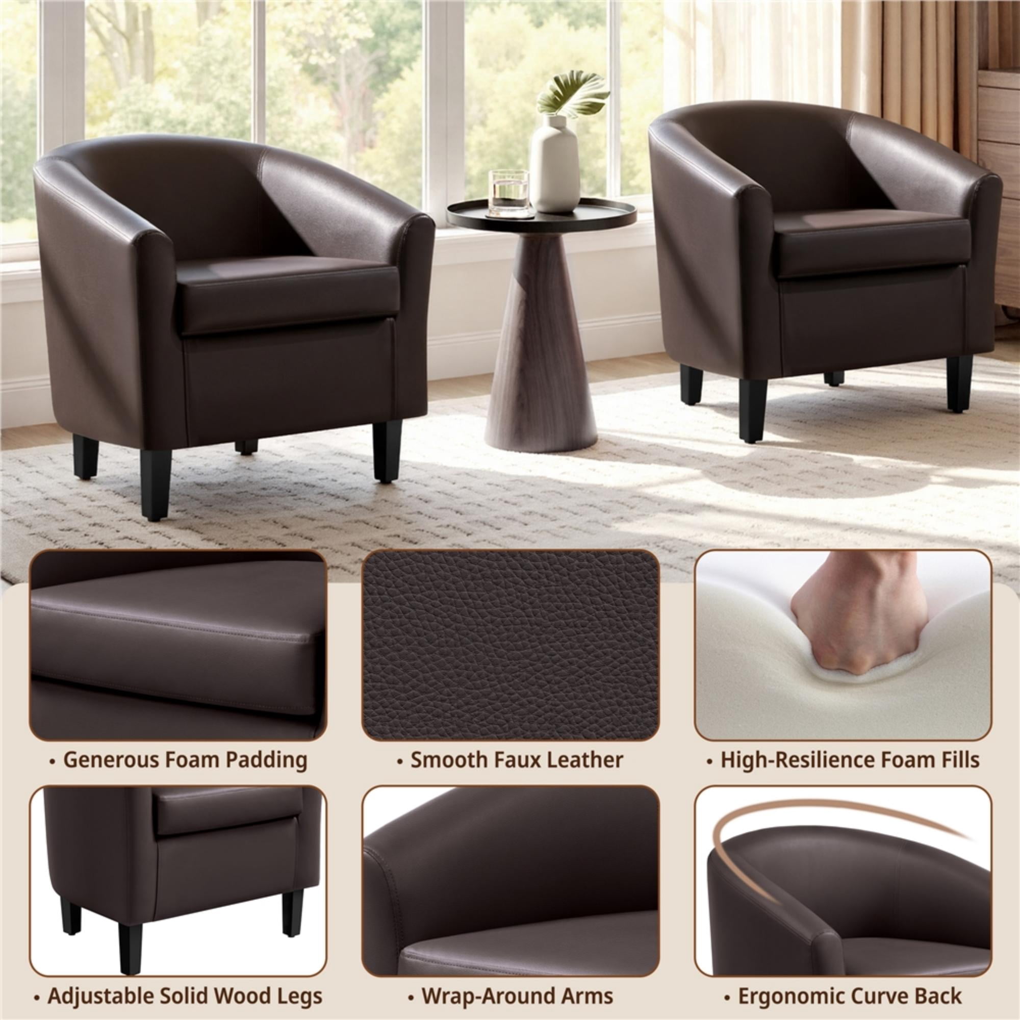 Renwick Faux Leather Barrel Accent Chair for Livingroom, Espresso