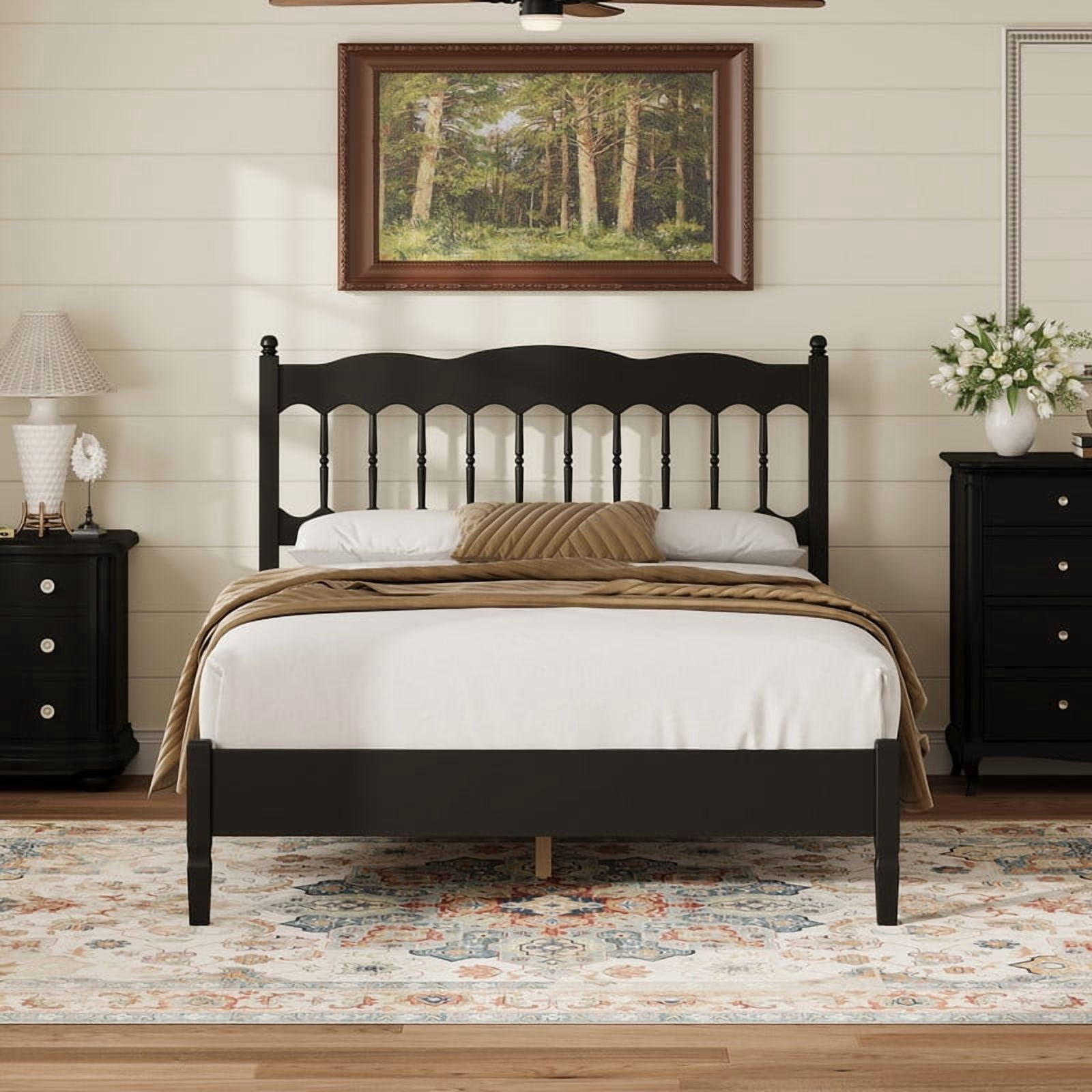 Full Size Retro Countryside Style Wooden Bed Frame with Spindle Headboard, Low Profile Platform Bed with No Box Spring Required