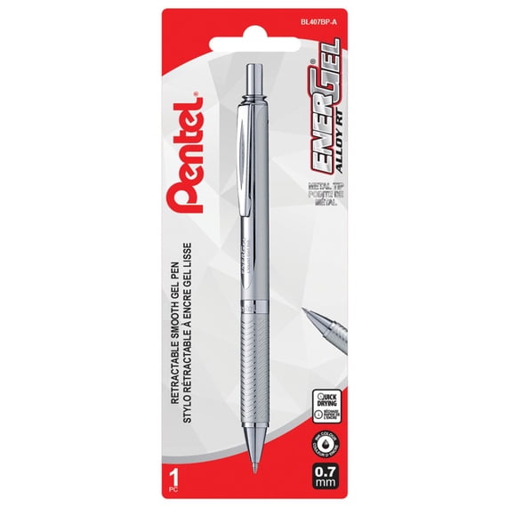EnerGel Alloy Rétractable Stylo à Encre Gel, (0,7mm) Pointe en Métal, Barillet Argent, Encre Noir, 1PC Paque