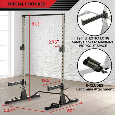 WUCEI Fitness Reality Squat Rack Power Cage with J-Hooks Landmine 360° Swivel Weight Plate Storage Attachment and Power Band Pegs