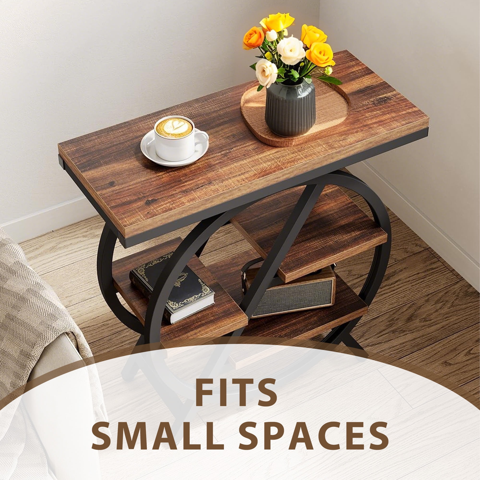 MAYEERTY 4-Tier End Table, Industrial Small Side Snack Table with Storage Shelves, Sturdy Metal Frame, Adjustable Feet, Easy Assembly for Living Room, Bedroom