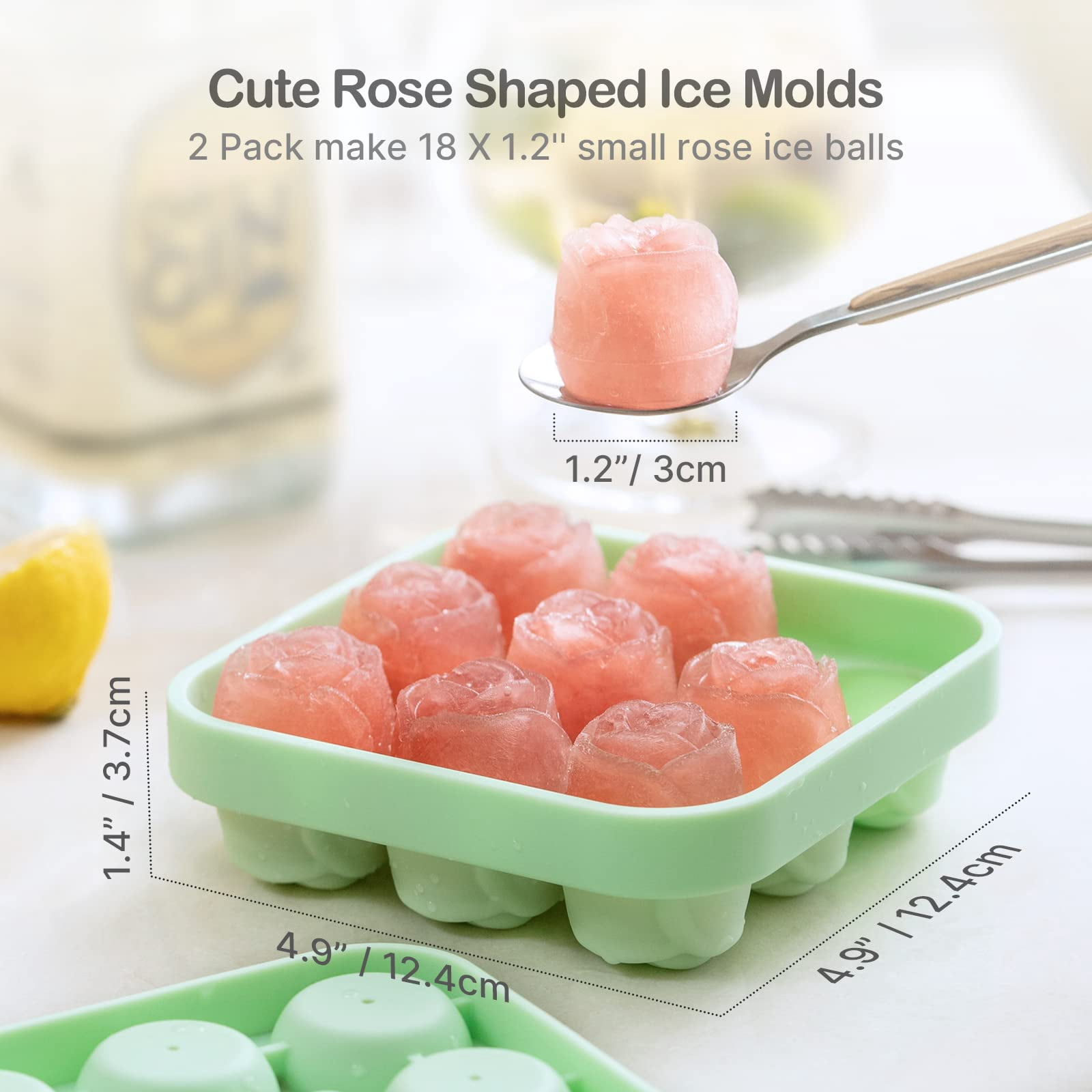 4 Pcs Silicone Rose Ice Cube Mold with Covers Fun Shapes Flower Ice Cube Mold Trays Maker 9 Cavity Easy Release Form for Whiskey Bourbon Cocktails Wine Coffee Juices and More