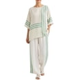 thumbnail image 2 of Uootdi Linen Sets for Women 2 Piece Short Sleeve Oversized Striped Trim Top High Waist Flowy Wide Leg Pants Boho Vacation Matching Outfits, 2 of 5