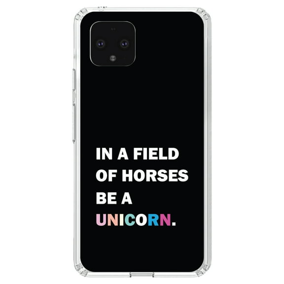 DistinctInk Clear Shockproof Hybrid Case for Google Pixel 4 (5.7" Screen) - TPU Bumper, Acrylic Back, Tempered Glass Screen Protector - In a Field of Horses, Be a Unicorn - Rainbow