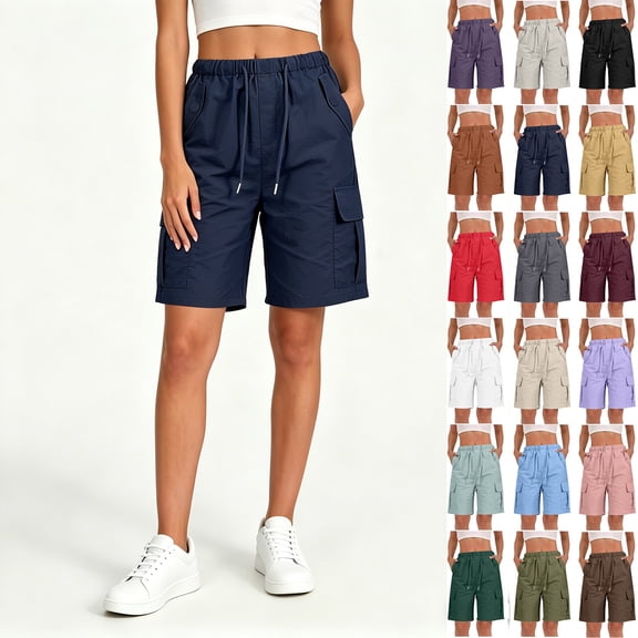 Binmer Women’s Drawstring Elastic Waist Cargo Bermuda Shorts, Womens and Women's Navy,Size S-2XL