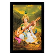 IBA Indianbeautifulart Indian Goddess Saraswati With Her Veena Picture Frame Auspicious Hindu Goddess Of Knowledge Poster With Frame Wall Decor For Home/ Office/ Temple
