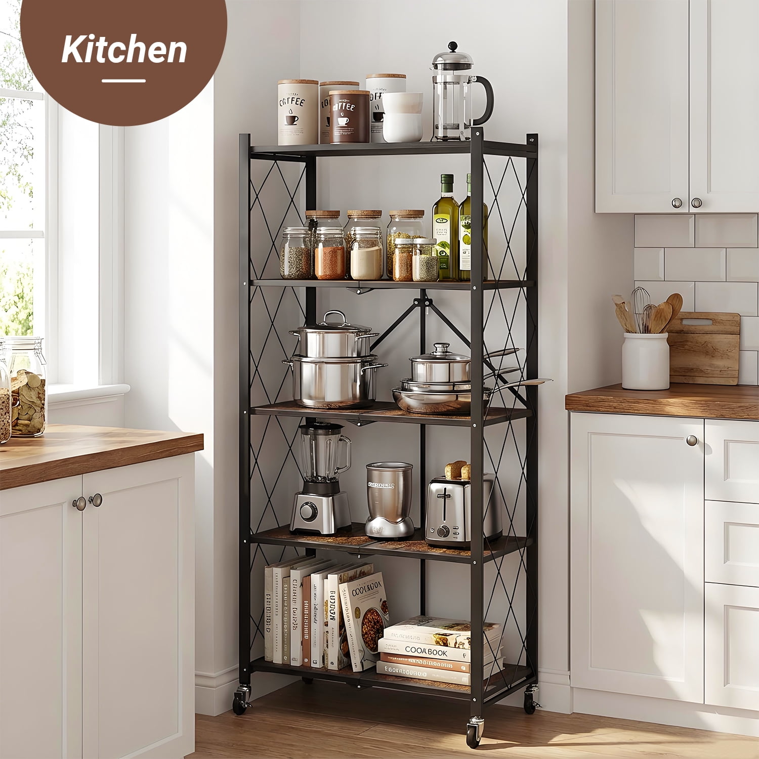 COOKCOK 5-Tier Storage Shelving Unit, Folding Bookshelf, Metal Shelf 27.9"x13.4"x62.5, Foldable Storage Shelf with Wheels, Garage Shelf, Kitchen Shelf, No Assemble Require, Black