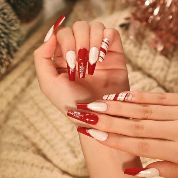 24pcs Snowflake Striped Wearable Nail Art - Heart - shaped French Red Border, Christmas Nail Art, Ballet - style Nail Stickers