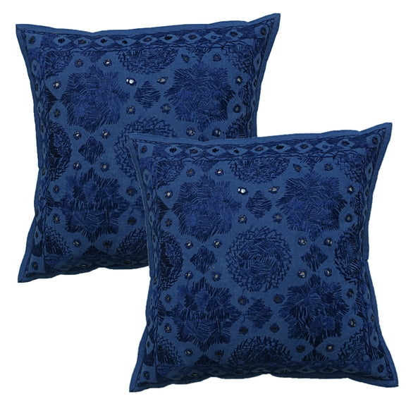 Stylo Culture Indian Decorative Throw Pillow Covers 16 x 16 Hand Embroidered Blue Bohemian 40cm x 40cm Home Decor Cotton Mirrored Square Cushion Covers | Set Of 2