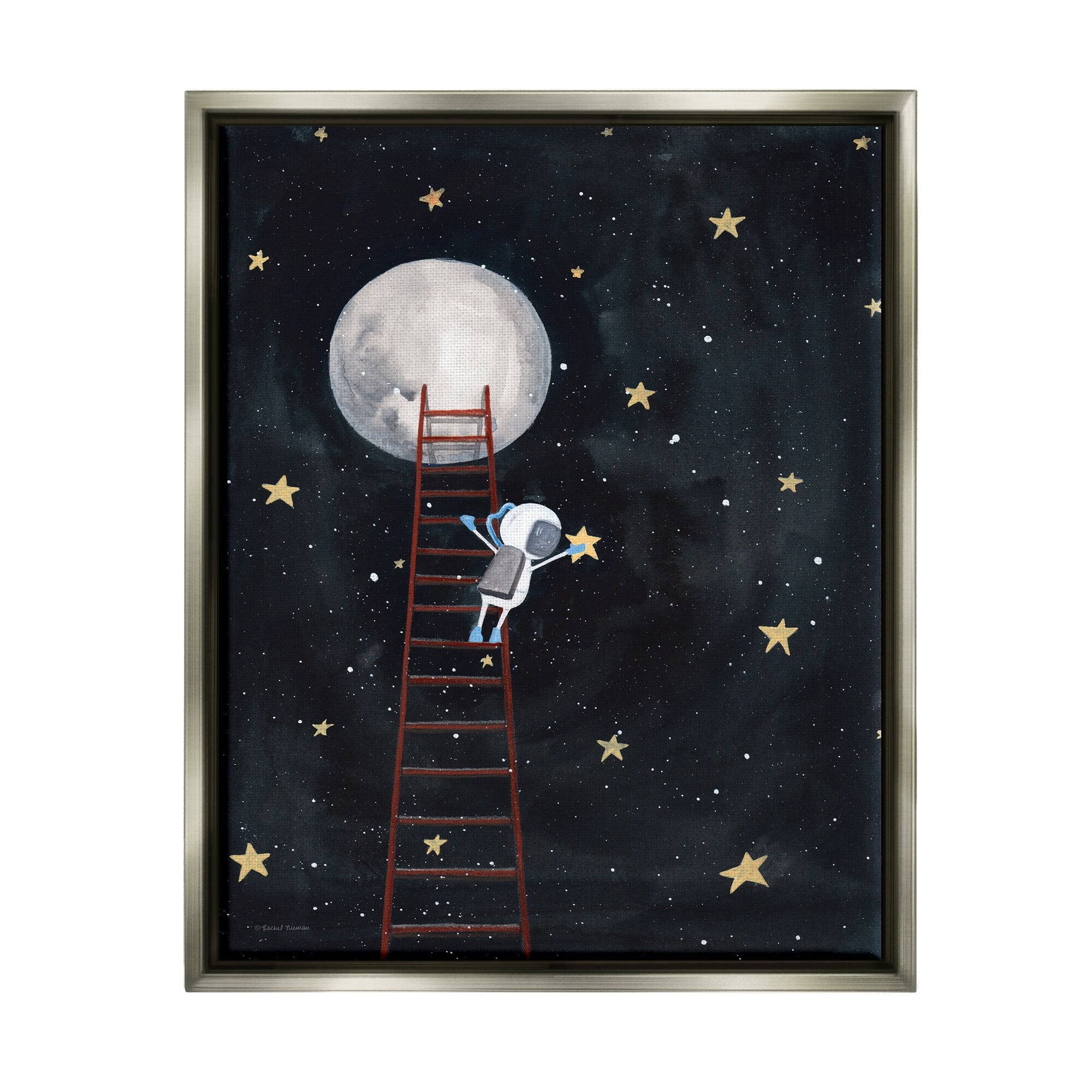 Stupell Industries Astronaut Hanging Stars Outer Space Ladder to Moon Luster Gray Framed Floating Canvas Wall Art, 16x20, by Rachel Nieman