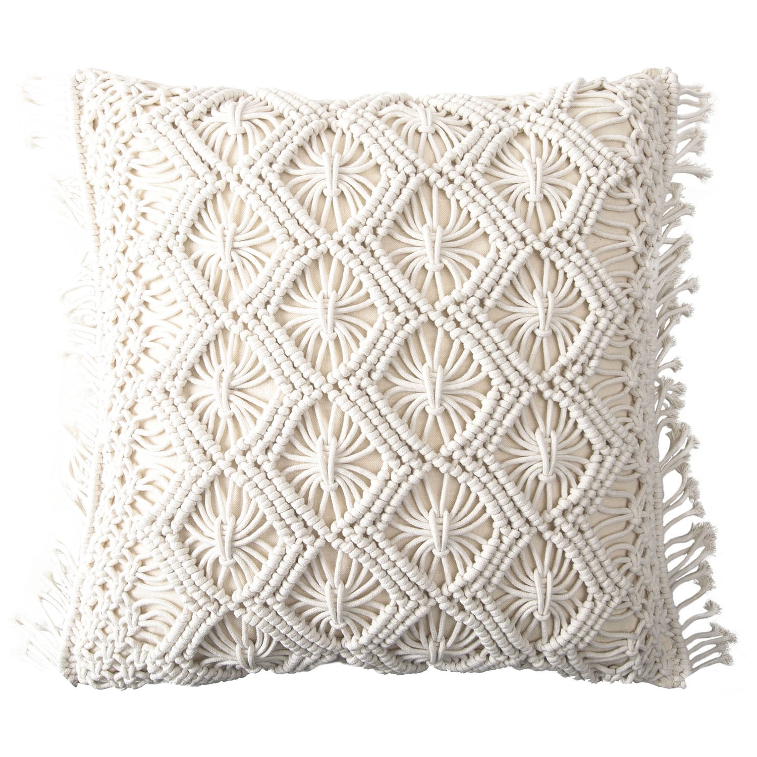 Phantoscope 100% Cotton Handmade Crochet with Tassels Boho Series Woven Checked Throw Pillow, 18" x 18", Off White, 1 Pack