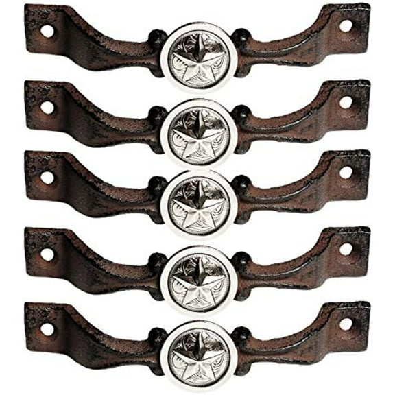 Urbalabs Cast Iron Concho Kitchen Cabinet Handles and Drawer Pulls Antique Country Home Rustic Decor Farmhouse Cabinet Handle Texas Western Star Cabinet Kitchen Dresser Knobs (5, Smooth Silver Star)
