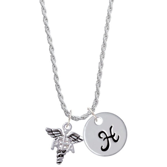 Delight Jewelry Silvertone Caduceus - PTA Silvertone Script Initial Disc - H - Charm Necklace, 20"+3"