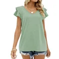 thumbnail image 4 of Camiseta de mujer de estilo nuevo de verano 2024, color sólido, cuello en V, doble capa, borde con volantes, tops ajustados, Amazon Europa, ropa cruzada, 4 of 4