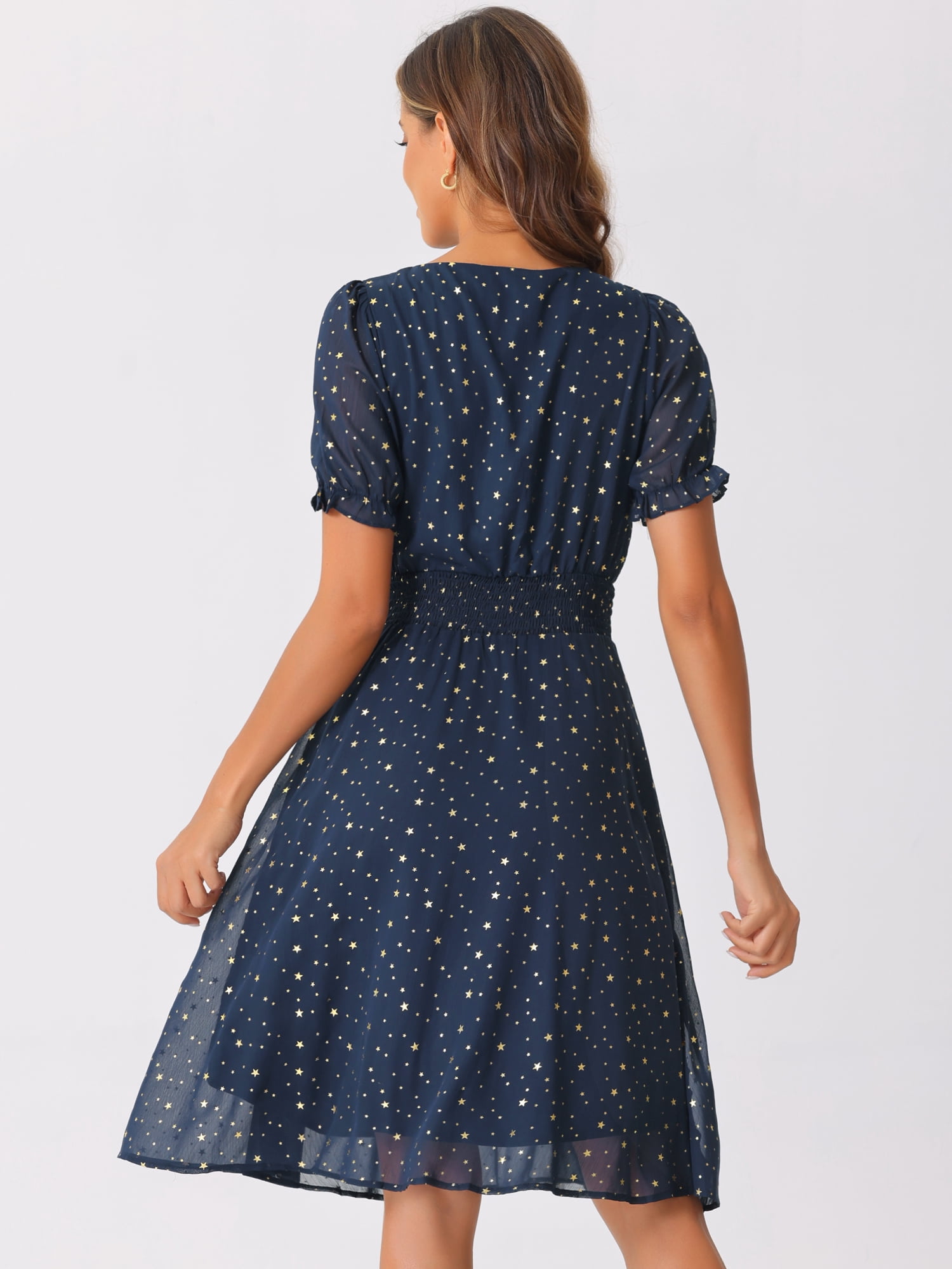 DARING DIVA Ruffle Short Sleeve Metallic Stars Dress S Dark Blue