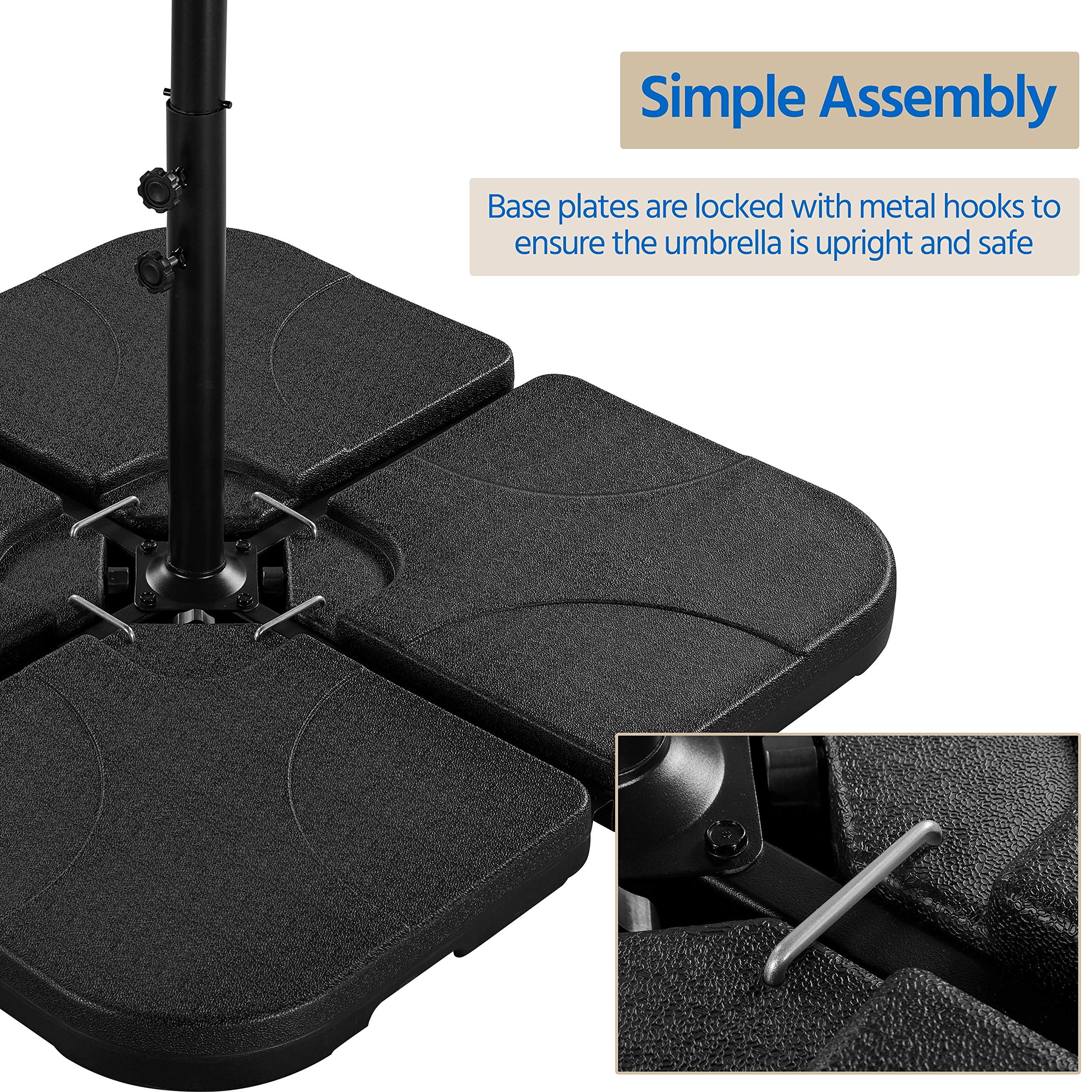 4-Panel Cantilever Umbrella Base, Heavy Duty Square Stand for Offset Banana Parasols, Weatherproof for Backyard Poolside, Fillable with Sand or Water, Black