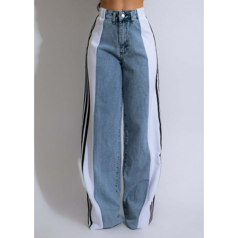 【BOK PLACE】Two-tone gradation long wide unique denim pants 3/4 Light Blue Jeans, 90S Stretch Jeans, Washed Jeans, Blue