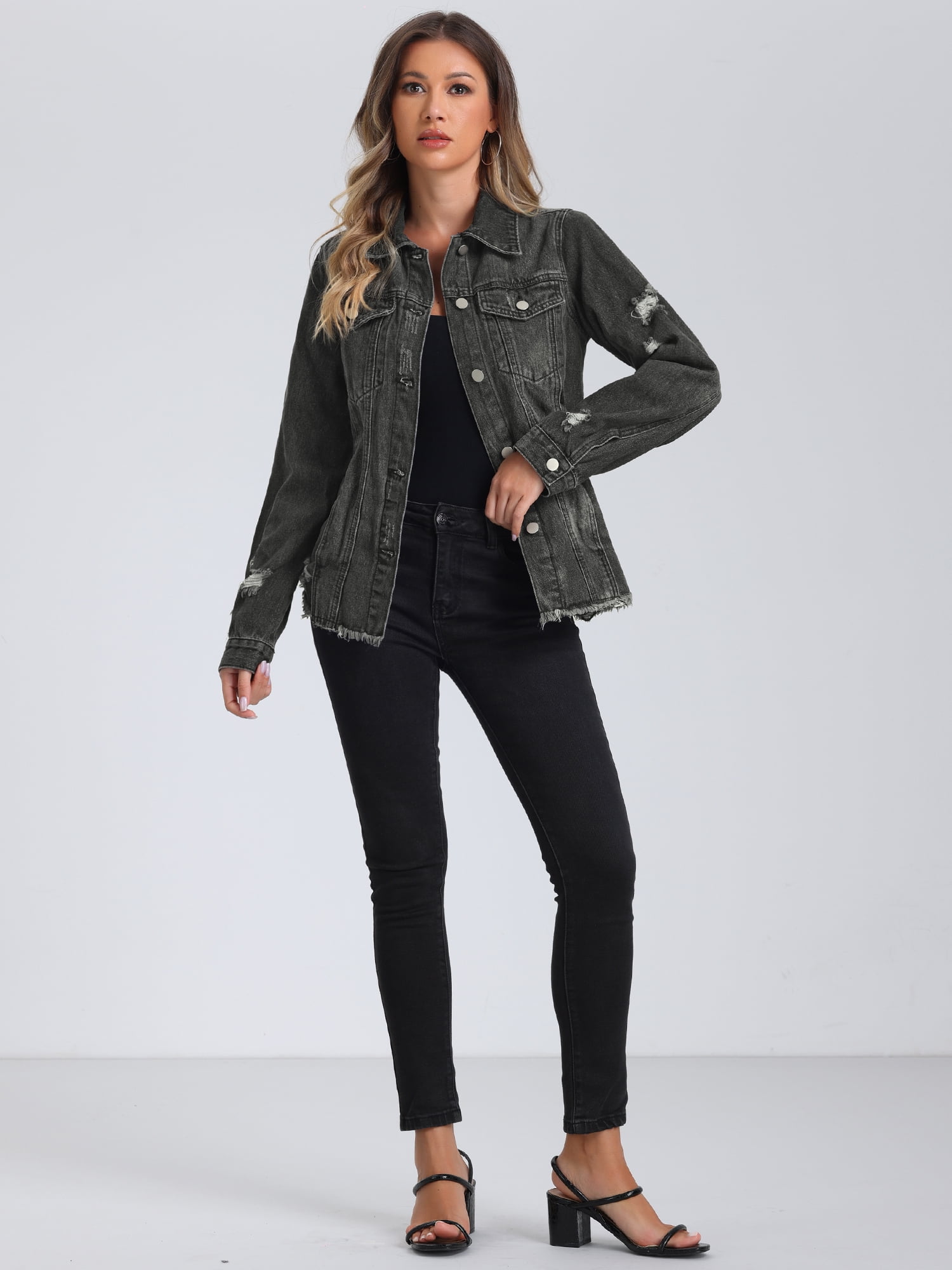 DARING DIVA Women's Frayed Distressed Washed Denim Jacket XL Black
