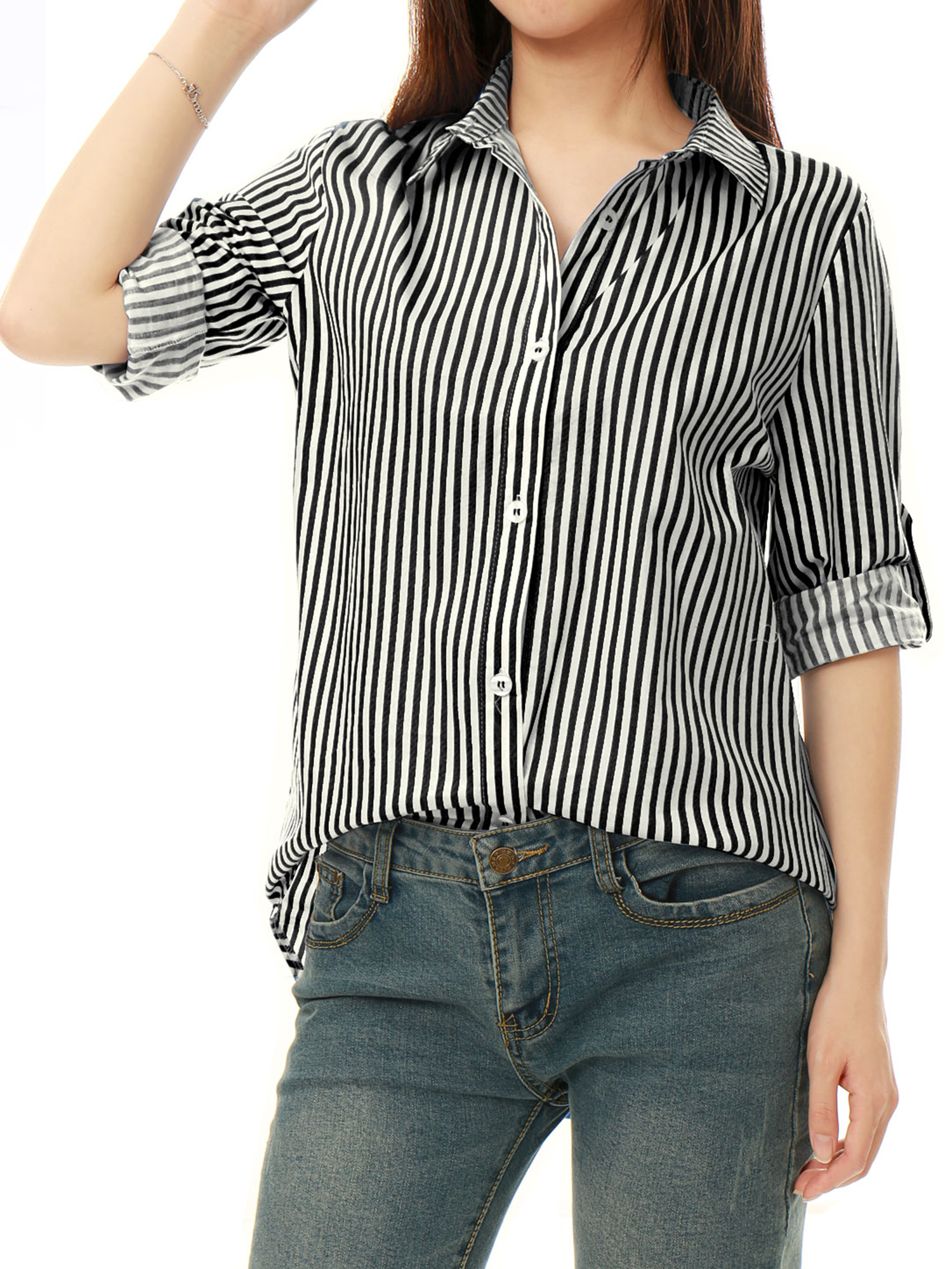 Unique Bargains Women Vertical Stripes High Low Hem Long Roll Up