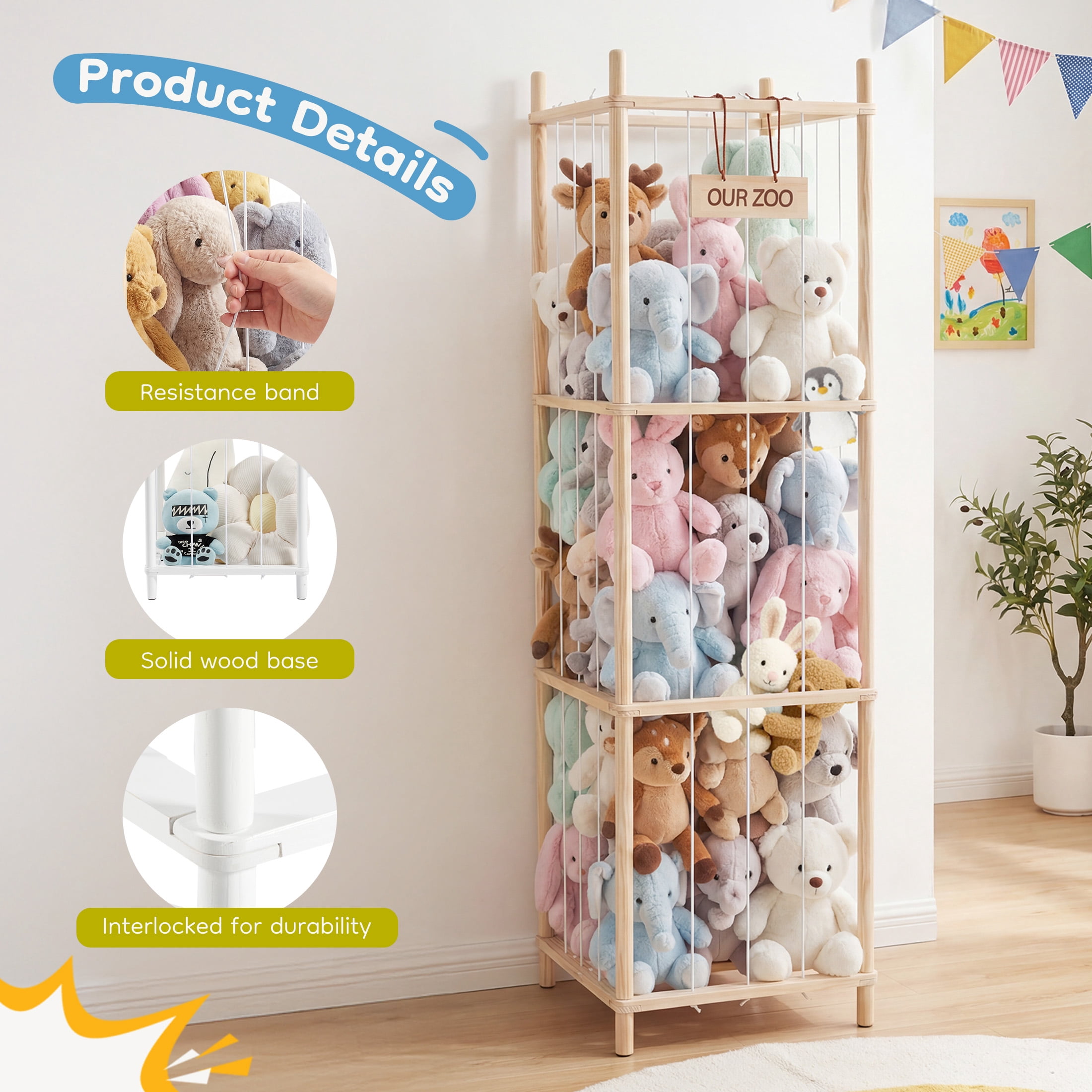 EDX Large Stuffed Animal Storage Organizer for Kids, Wooden Toy Storage Holder, Space Saving Toy Zoo for Playroom, Bedroom, Nursery & Kids Room, Natural