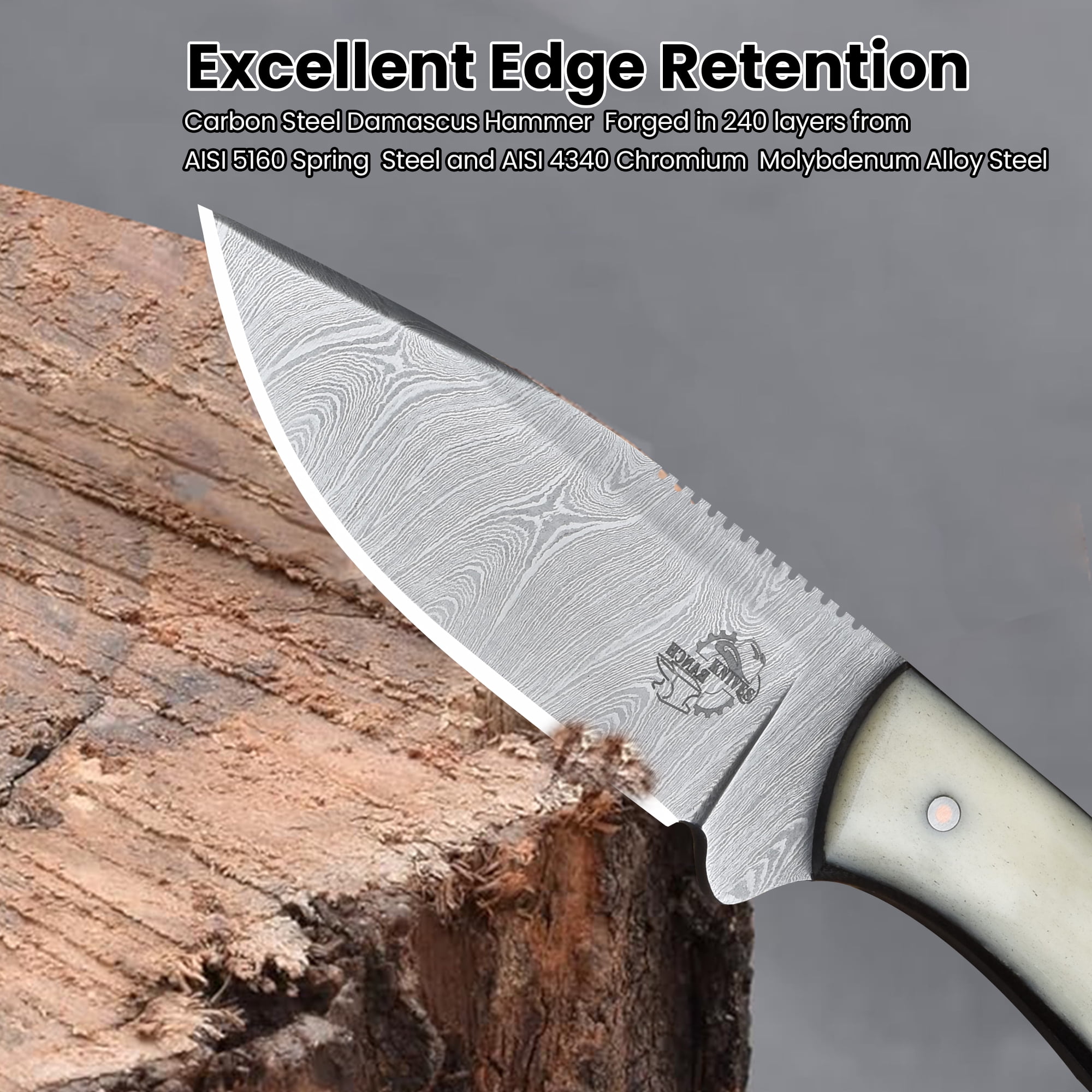 Knives Ranch 4402 Damascus Steel Fixed Blade Knife with Bone Handle – Hand Forged Hunting Knife, Razor Sharp Outdoor Camping Survival Knife