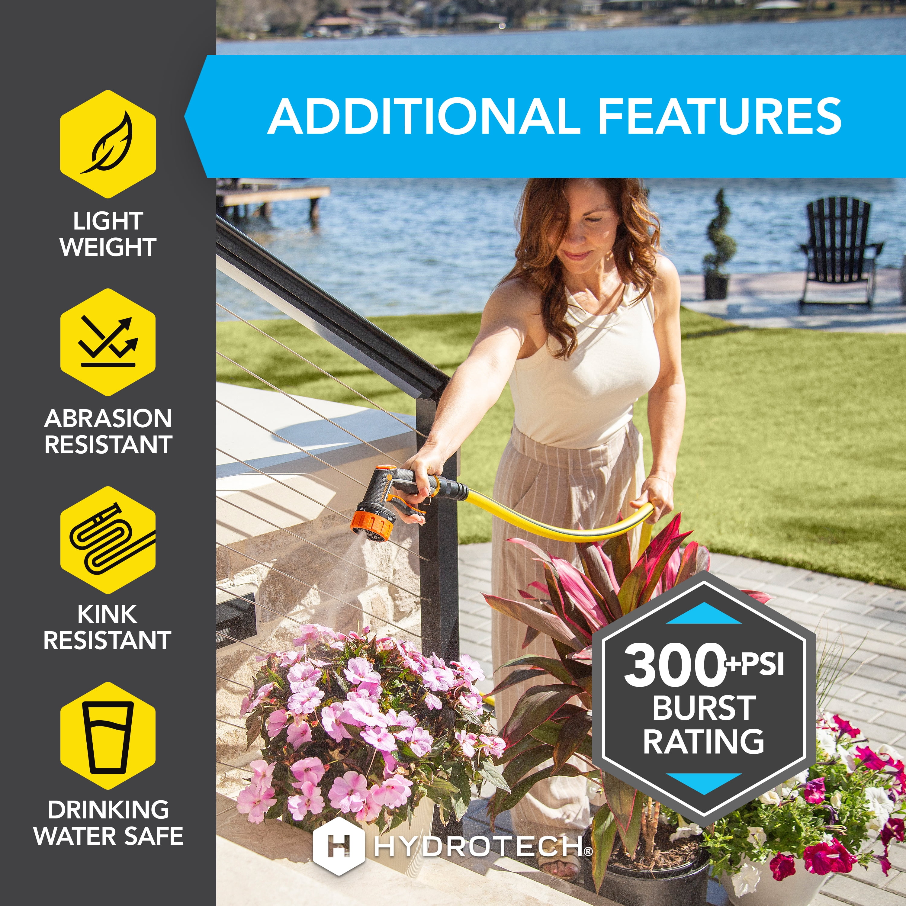 HydroTech Super-Lite 100 ft Garden Hose Hybrid Polymer Rubber 5/8"  – Ultra Lightweight Kink-Resistant Water Hose, Drinking Water Safe, Durable Polymer Construction with Force Control Technology