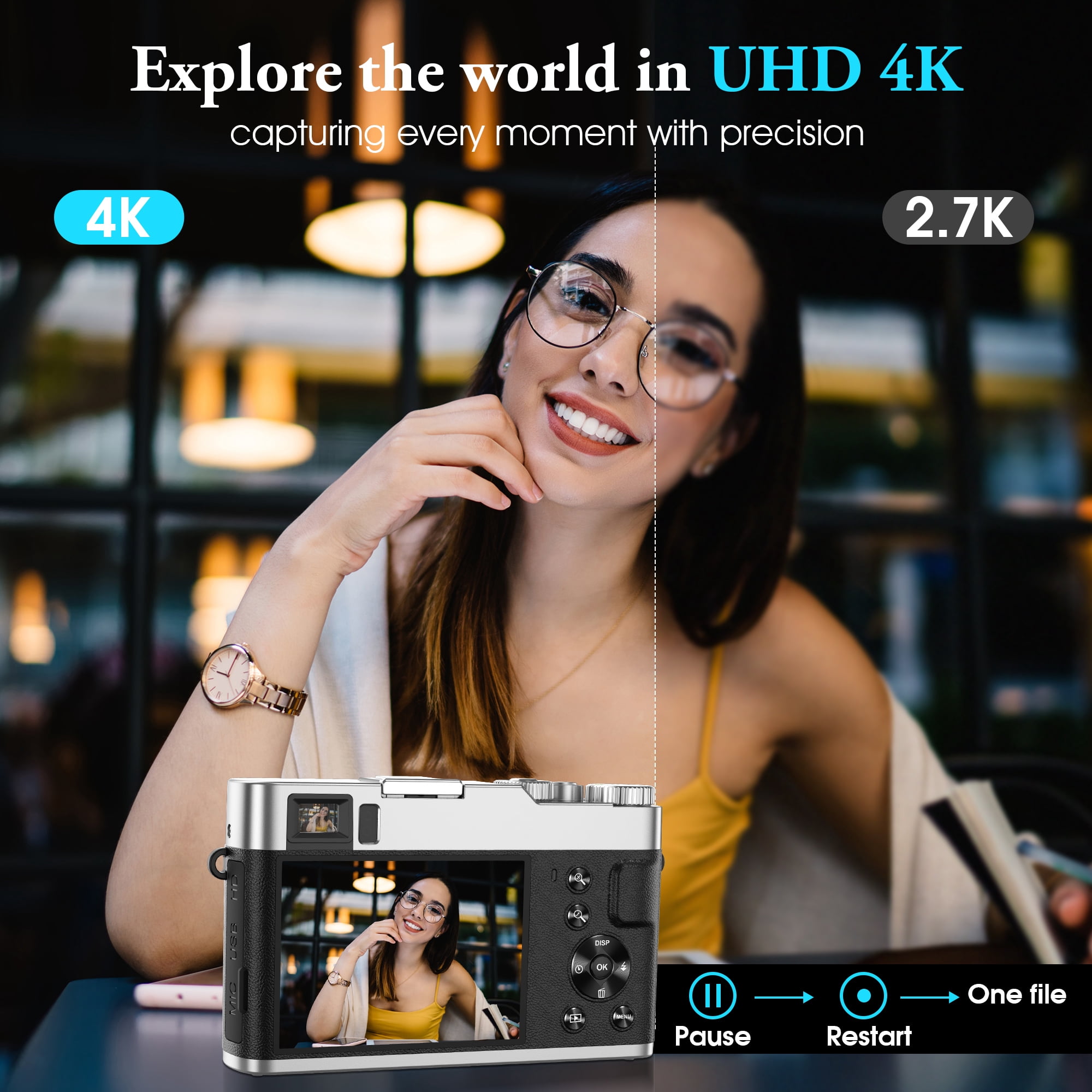 4K Video Digital Camera, AutoFocus 48MP Vlogging Camera for YouTube Anti-Shake with Viewfinder Flash & Dial,16X Zoom Travel Portable Camera with 32GB Card,2 Batteries (Black)