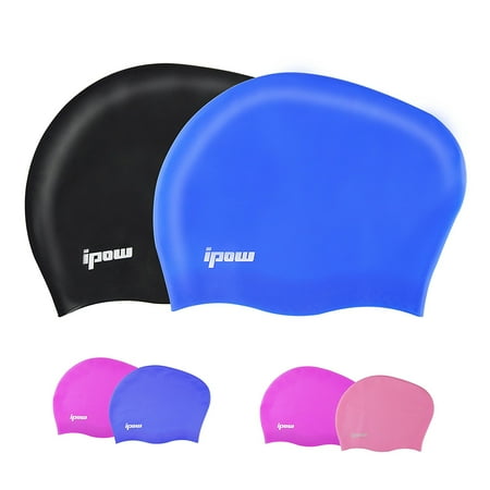 Black Swim Cap For Women IPOW Swimming Cap Soft Silicone Soid Swim Cap Wrinkle Free Elastic & Large Stretch Flexible Durable Haircare Swimming Hat for Adult Men Women Children Unisex, Blue+ Black ()