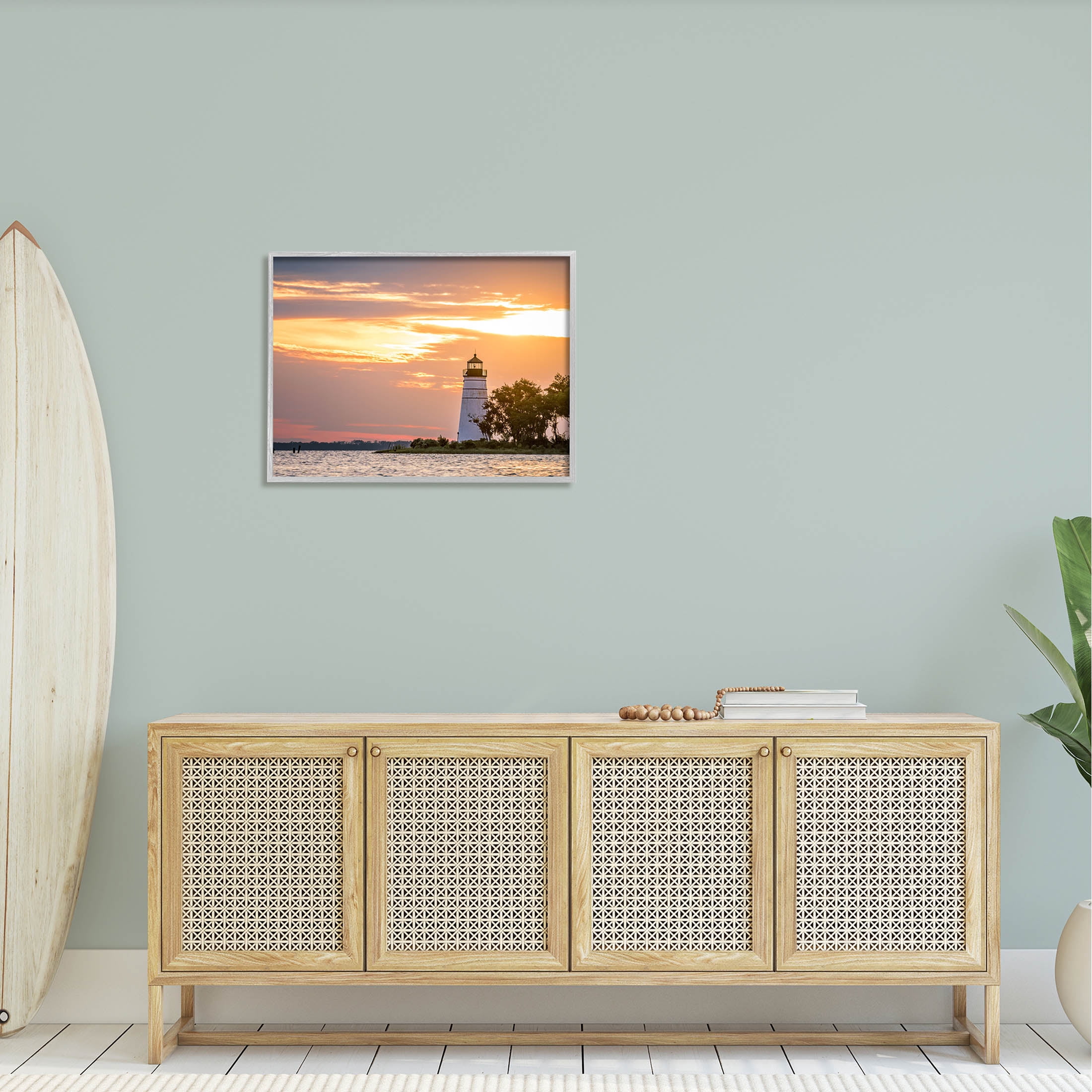Nautical Lighthouse Sunset Horizon Coastal Photograph Gray Framed Art Print Wall Art