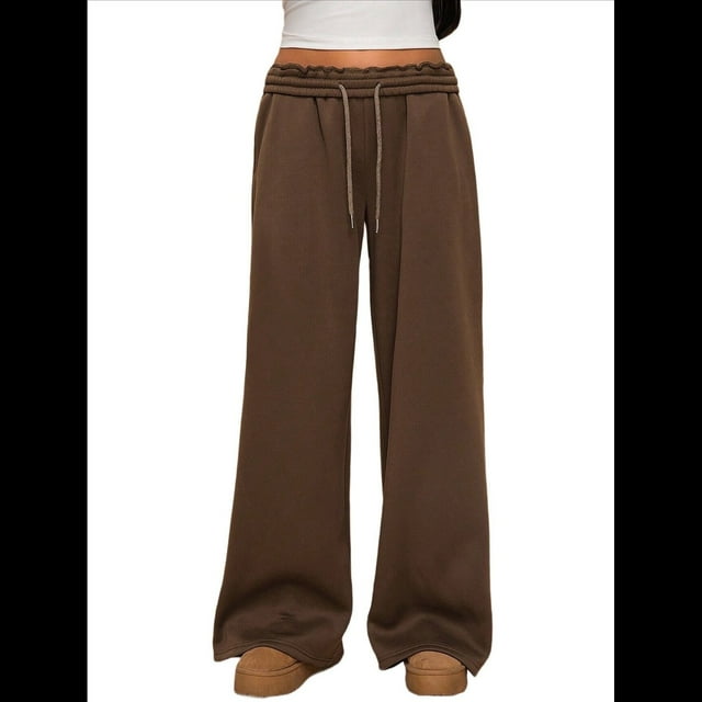 Pantalones Deportivos de Pierna para Mujer, Cintura Alta, Holgados, con Cordón Interior y Pierna Recta. Café XS