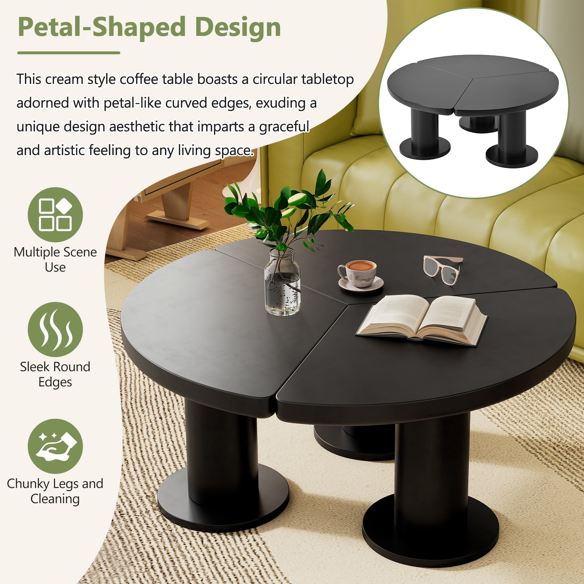 MAYEERTY Φ39.4'' Easy Assembly Round Petal-Shaped Coffee Table, Cream Style Center Table with 3 Thick Legs, Minimalist Irregular End Table with Sleek Round Edges for Living Room, Black