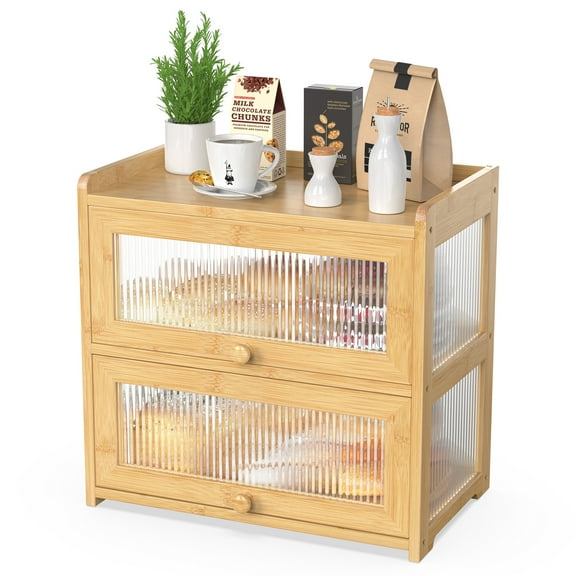 Bamboo Large Bread Box for Kitchen Counter, Double Layer Bread Storage Container 4 Sides Transparency, Breadbox Bin Holder for Homemade Bread, Natural
