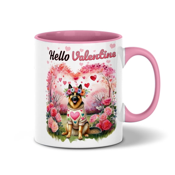 Hello Valentine’s Day German Shepherd Flower Crown Romantic Pink Floral 11oz Accent Two-tone Mug Alsatian Dog Lover Gifts Coffee Tea Cup - 00031