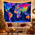 thumbnail image 3 of Neon World Map Against Dark Blue Ocean, Energetic Psychedelic for Global Decor Enthusiasts, Electric Geographic Wall Art, Housewarming Gift Tapestry Wall Hanging for Living Room and Bedroom, 3 of 7
