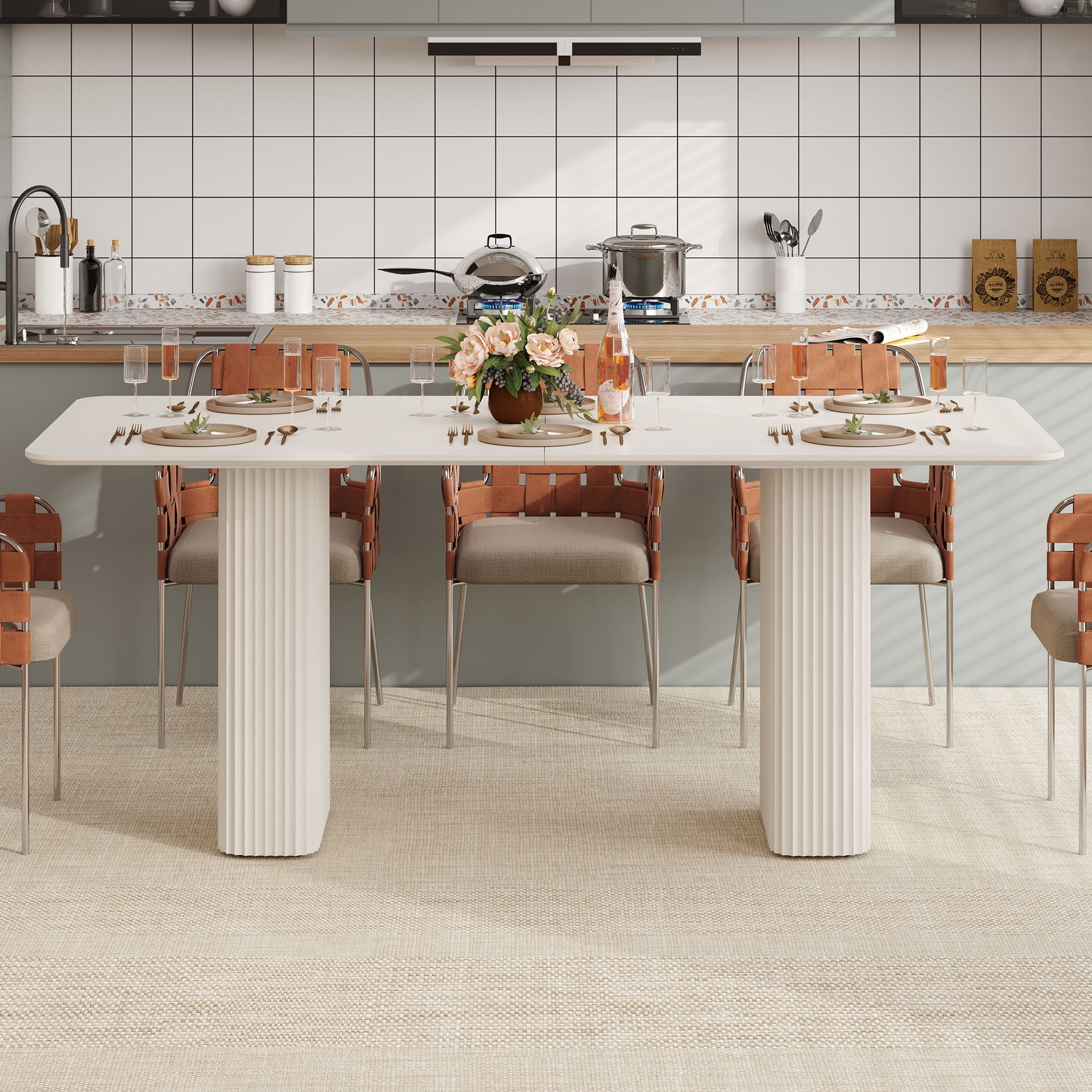 Dextrus 70.8" Modern Dining Table with Curved Wave Legs, Cream White Rectangular Kitchen Table for 6-8 Person, Dining Room Table for Gathering, Kitchen, Dining Living Room
