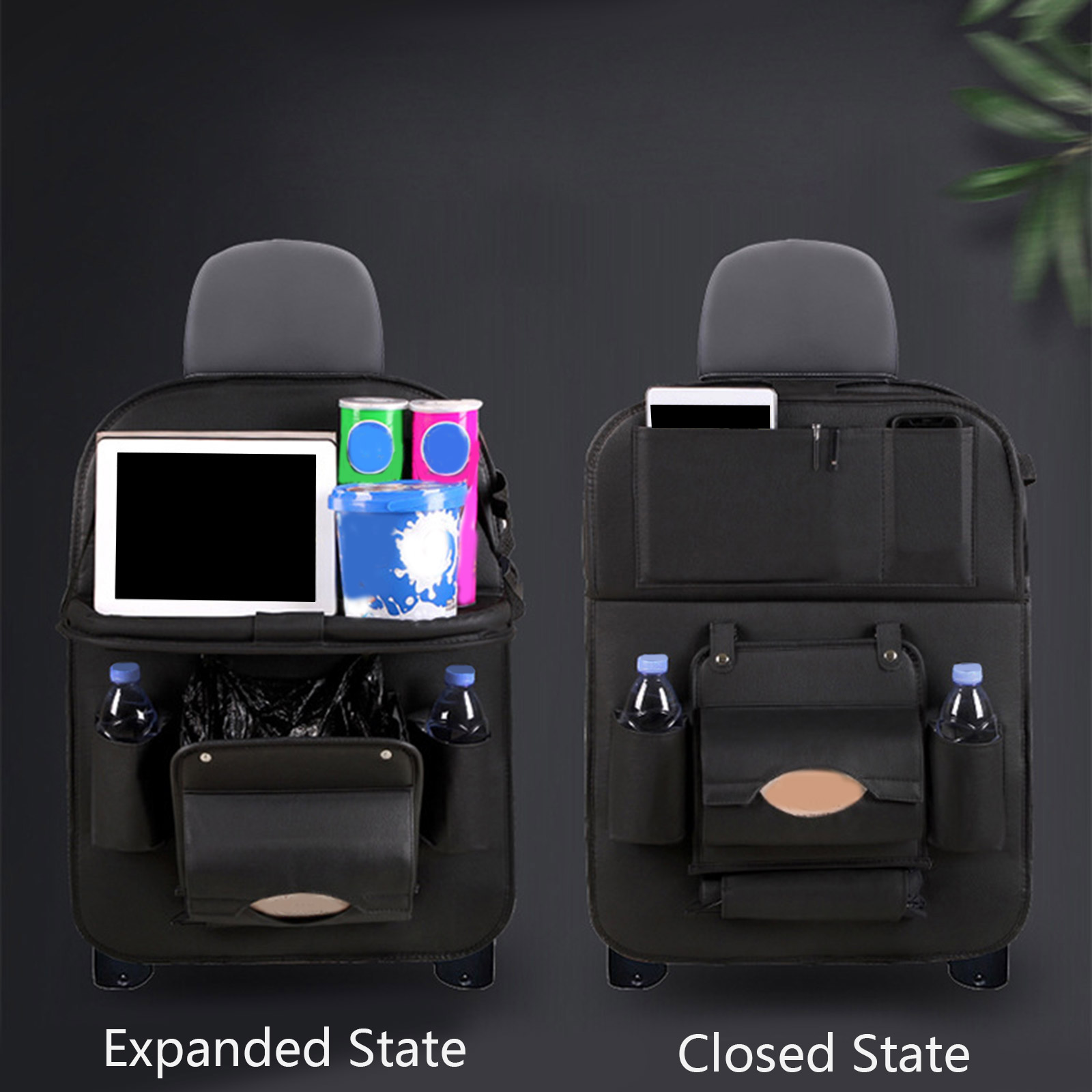 SUV Car Backseat Organizer Trash Can Protector Kick Mat Tray Foldable Dining Table with Tablet Holder Travel Accessories