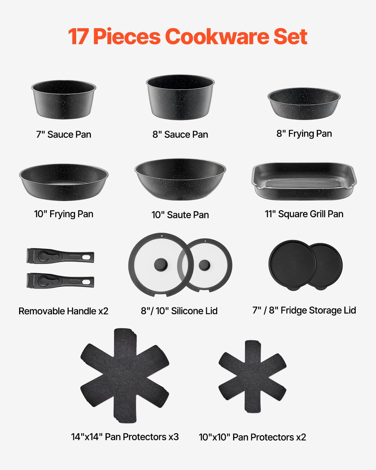 VEVOR 17 Piece Pots and Pans Set, Granite Nonstick Detachable Handle Cookware, Space Saving Induction Cookwares, Kitchen RV Cooking Sets with Frying, Sauce, Saute,Tempered Glass Lid,Oven Safe,Black