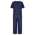 thumbnail image 4 of cfhntfmh Summer 2 Piece Outfits for Women Cotton Linen Lounge Set Short Sleeve Top Wide Leg Capri Pants Loungewear, 4 of 6
