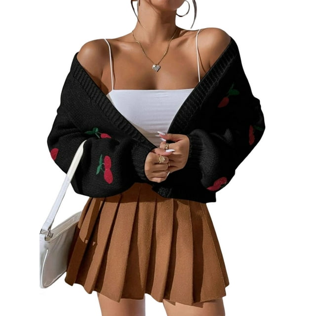 xiaxaixu Women's Open Front Knit Cardigan, Cherry Jacquard Long Sleeve Loose Sweater Cropped Jacket for Spring, Fall