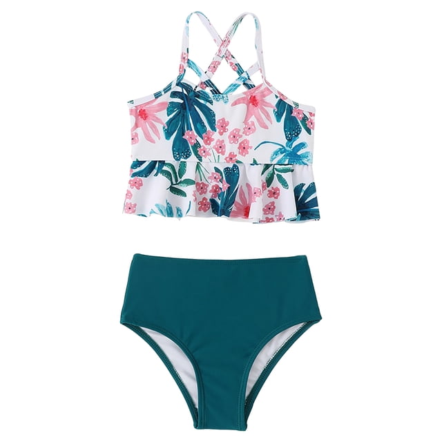 Nwiuh Halter Ruffle Swimsuit Leaf Print High Waisted Adjustable Straps Family Matching Bikini Set (White, 6-8 Years)