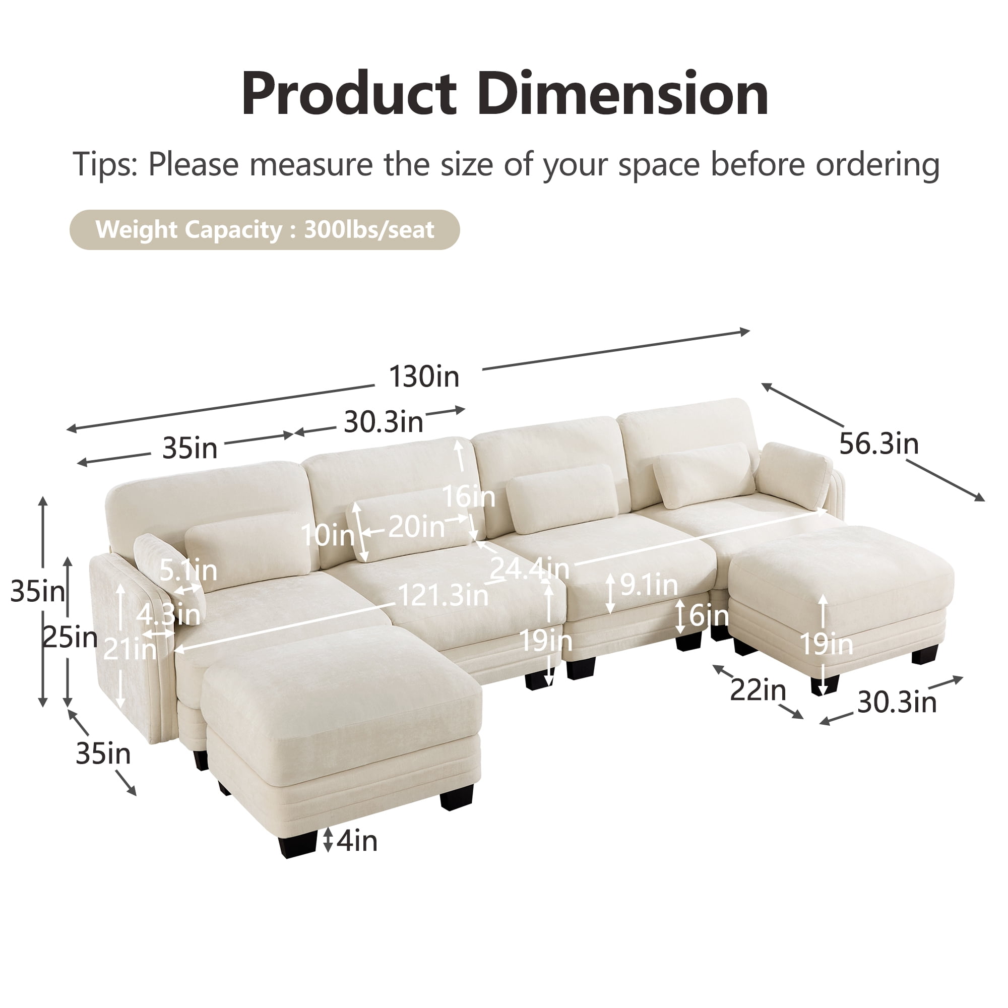 130" U-shaped Tufted Modern Modular Sectional 4 Seater Sofa Couch with 2 Ottomans and 6 Pillows