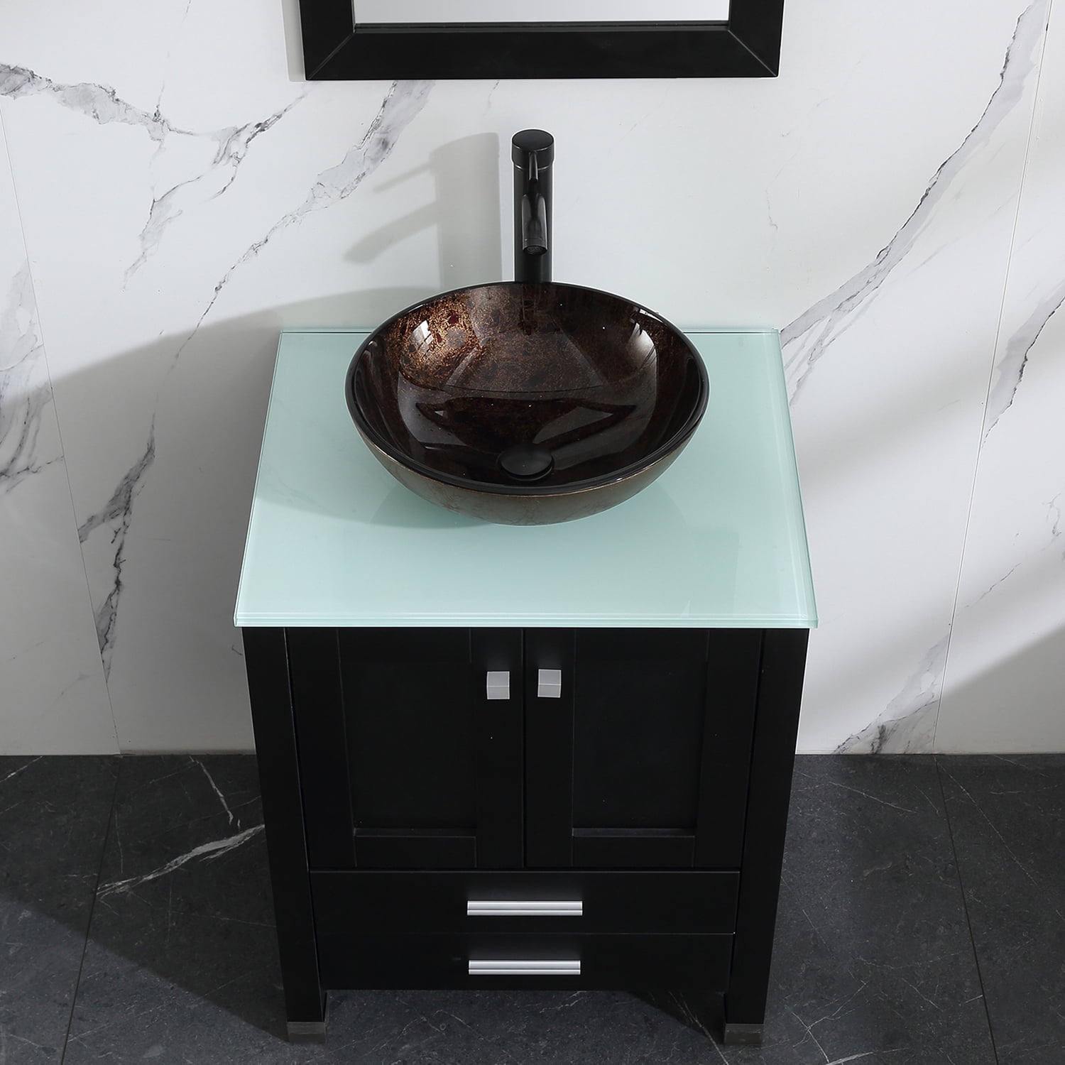 Wonline 24" Vessel Sink Wood Bathroom Cabinet w/Mirror And Temepered Glass Countertop
